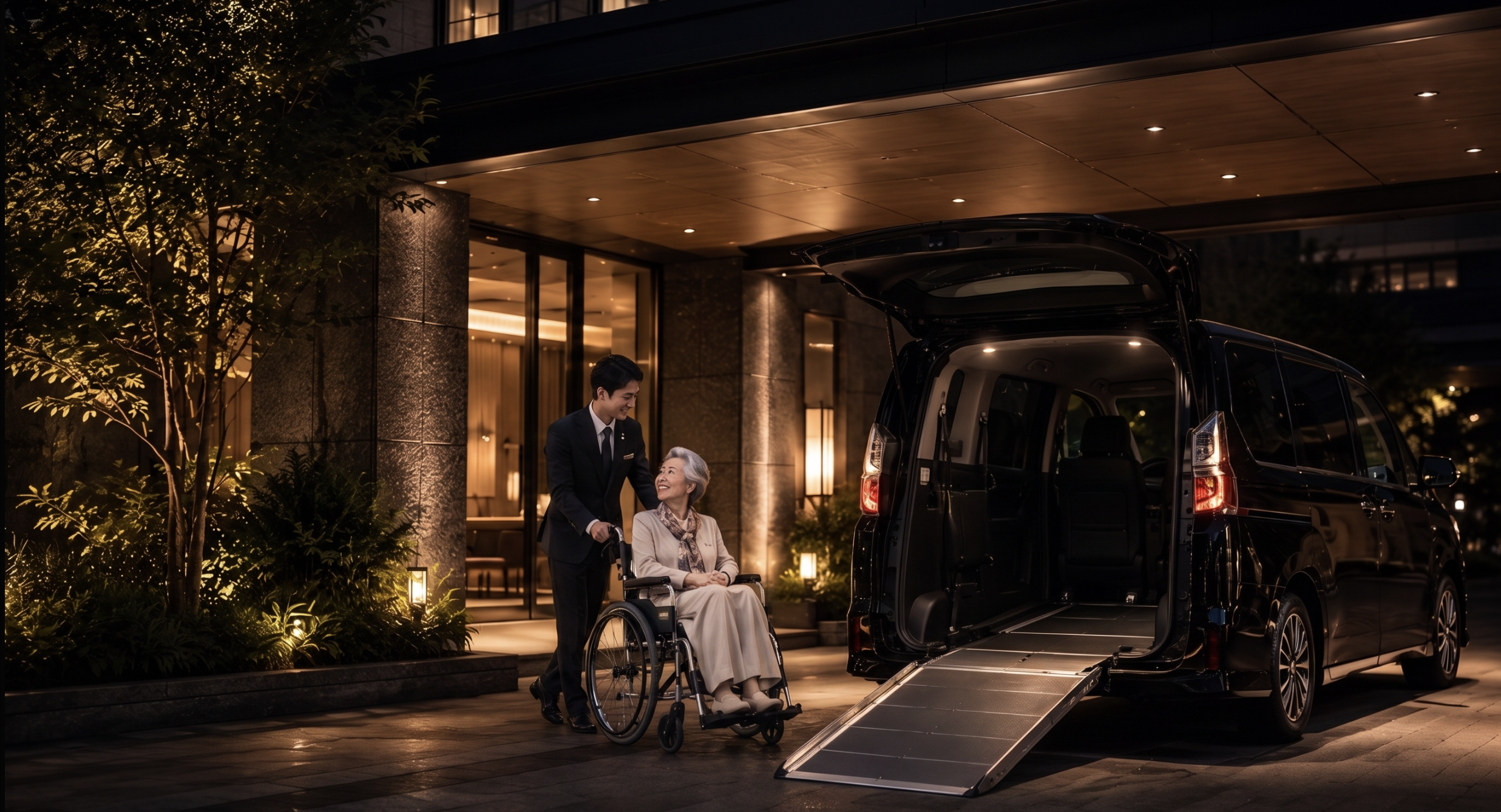 夜、ホテル玄関先でスタッフが車椅子のお客様を専用車へご案内する様子
