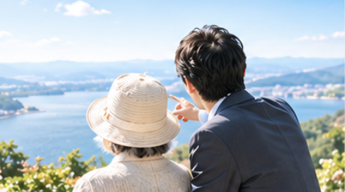 高台から湖の景色を眺める親子