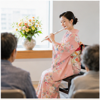 着物姿の演奏者によるフルート鑑賞の様子