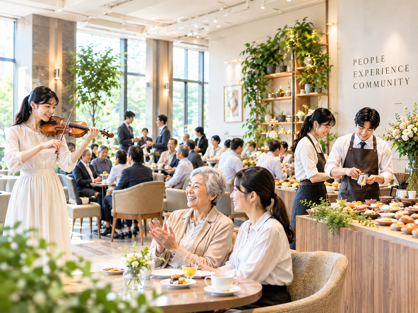 バイオリン演奏とともに賑わうマルシェ会場の様子